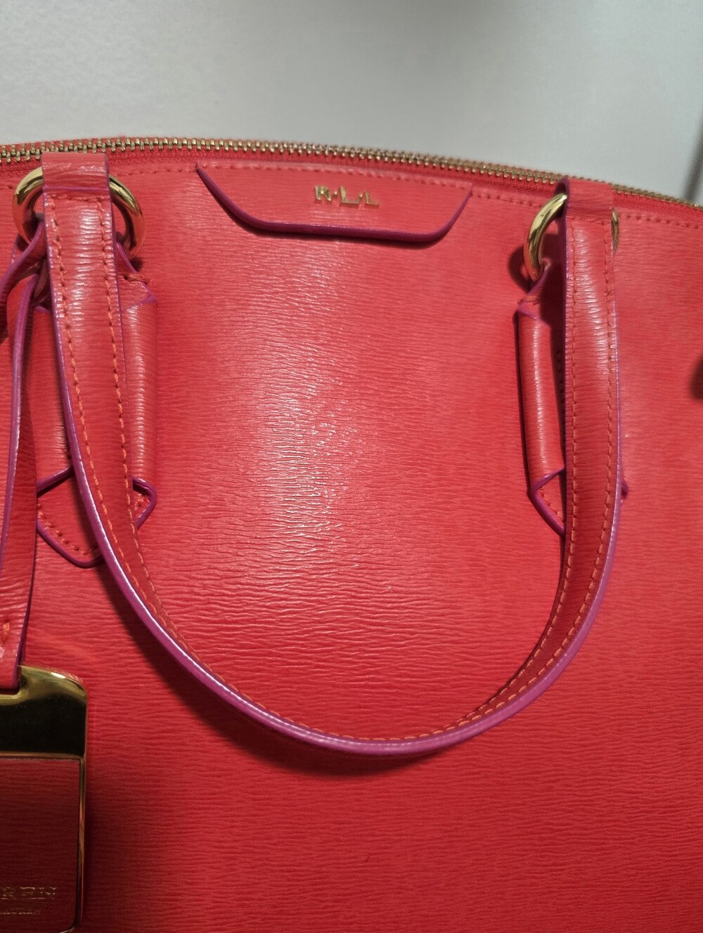 Lauren Ralph Lauren Leather Satchel Crossbody Coral Red Gold Hardware - Picture 11 of 11